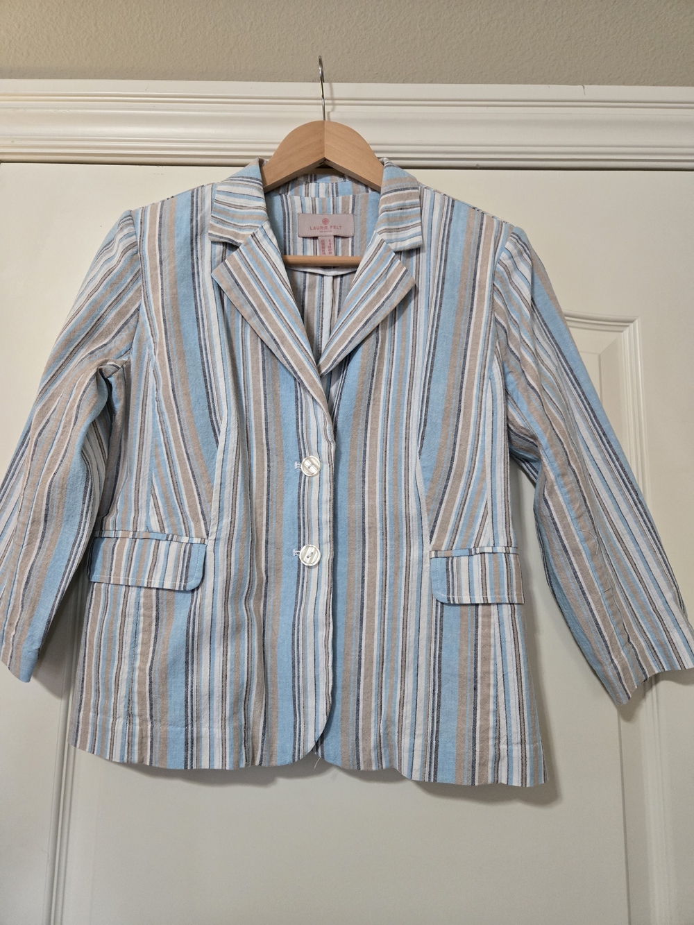 Laurie Felt Blue & Tan Striped Blazer Cotton/Linen Business Casual